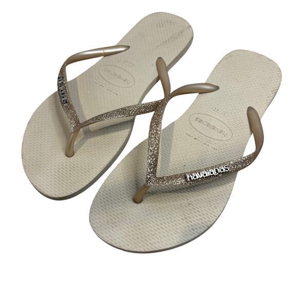 Havianas Womens Rubber Flip Flop Sandals Cream Sparkle Gold Size 41-42 Summer - Picture 1 of 4